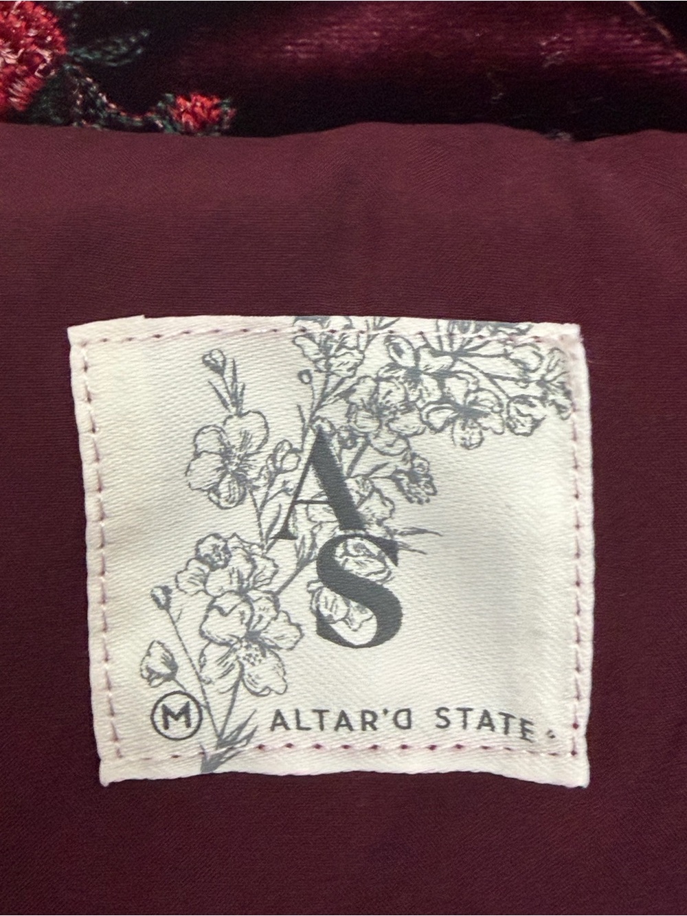 Altar'd State Freya Velvet Burgundy Quilted Jacket with Rose Floral Embroidery - Picture 2 of 6